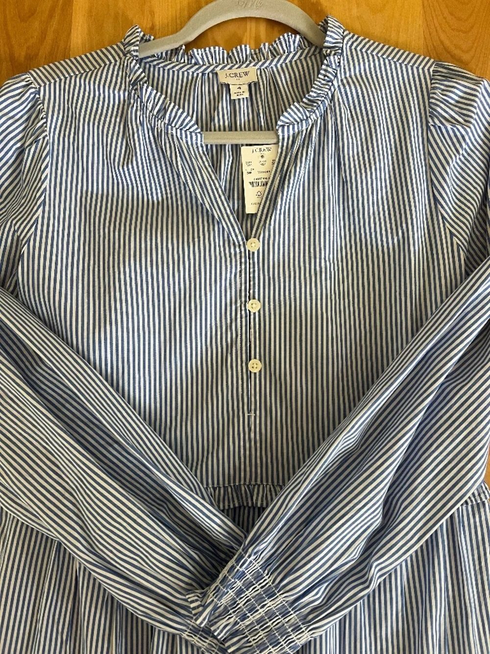 J Crew Factory Blue and White Striped Long Sleeve Dress with Ruffle Trim, NWT